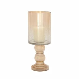 LITTON LANE Gold-Tinged Glass Cylinder Hurricane Candle Holder with Fluted Stacked Ball Post thumbnail 2