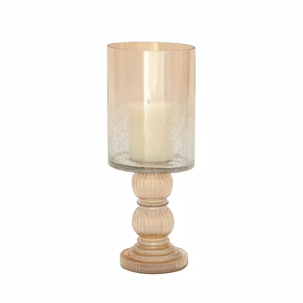 LITTON LANE Gold-Tinged Glass Cylinder Hurricane Candle Holder with Fluted Stacked Ball Post