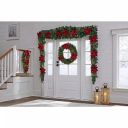 Home Accents Holiday Home Holiday Accents 17 ft. Burgundy Poinsettia Mixed Pine Garland with Berries and Gold Glitter Cedar thumbnail 2