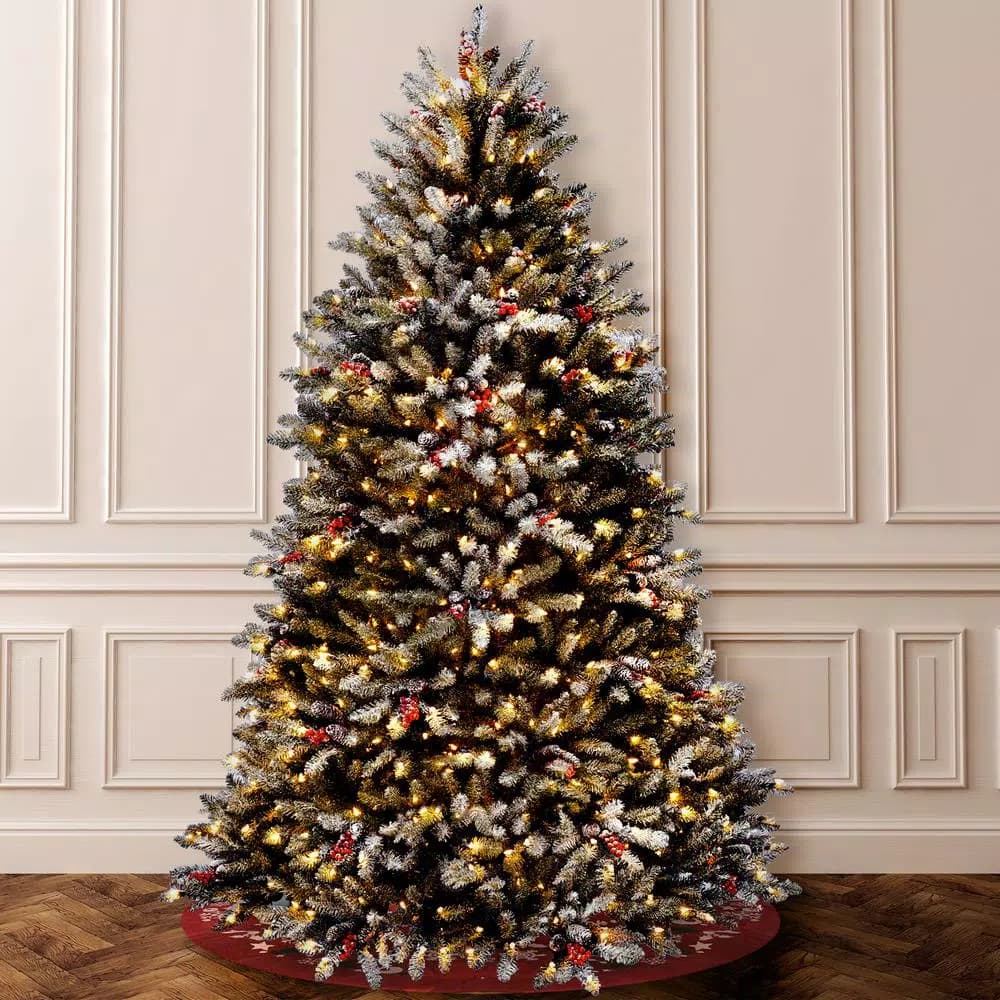 National Tree Company 7 ft. Dunhill Fir Pre-Decorated Artificial Christmas Tree with Snow, Red Berries, Cones and 700 Clear Lights