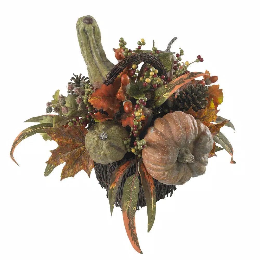 Nearly Natural 15 in. Fall Pumpkin and Berry Artificial Table Arrangement, Rustic Farmhouse Decor