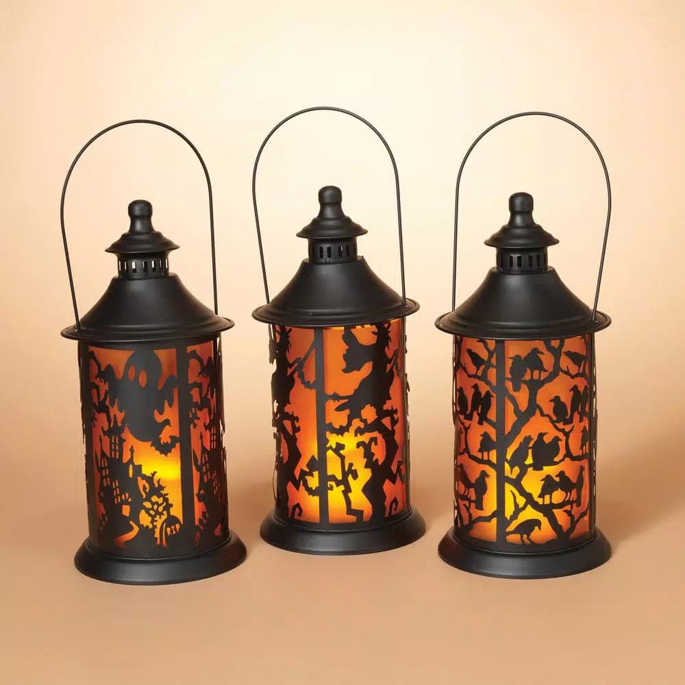 Gerson Set of 3 Halloween Metal Themed Lanterns with LED Flameless Candles, 14.17 in.