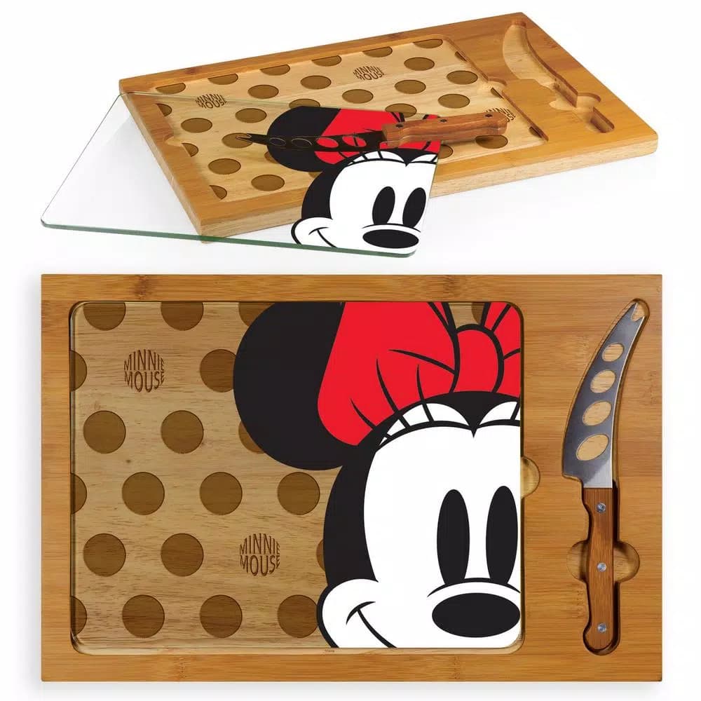 TOSCANA Minnie Mouse Icon Glass Top Serving Tray and Cheese Knife Set, Rubberwood & Bamboo