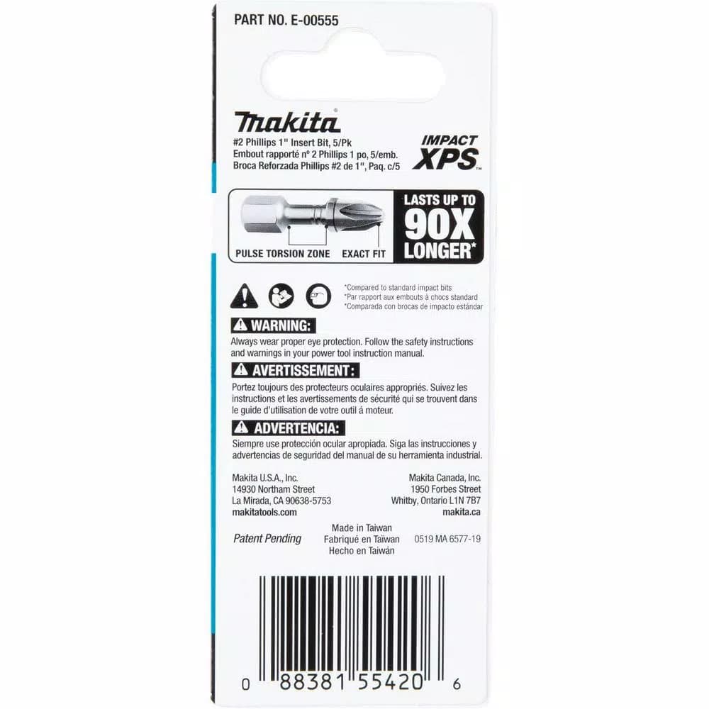 Makita ImpactXPS #2 Phillips 1 in. Insert Bits, 5-Pack