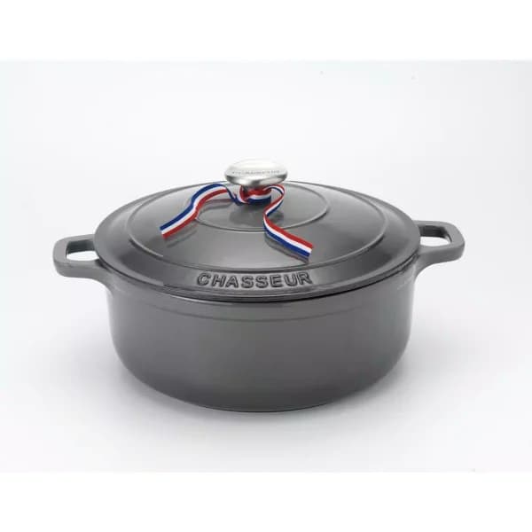 Chasseur 5.5 qt. Round Enameled Cast Iron Dutch Oven with Lid, Caviar Grey