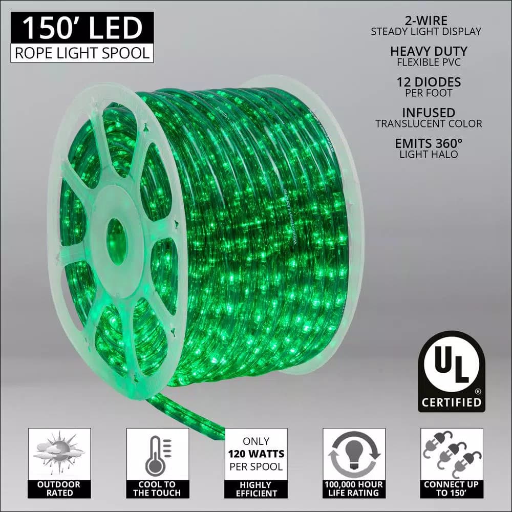 Wintergreen Lighting 150 ft. Green LED Rope Light Kit, 1800 Lights, Dimmable & Weather Resistant