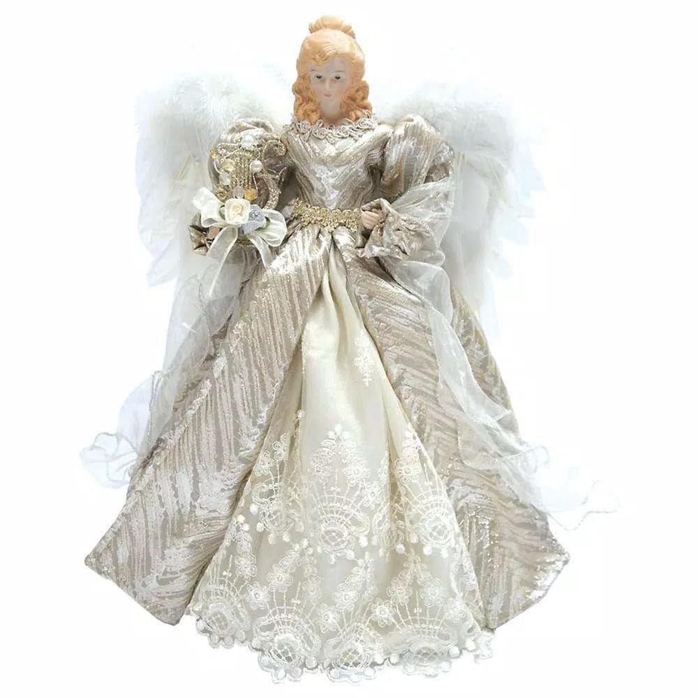 Santa's Workshop 16 in. Silver Elegance Angel Tree Topper with Harp and Feathered Wings