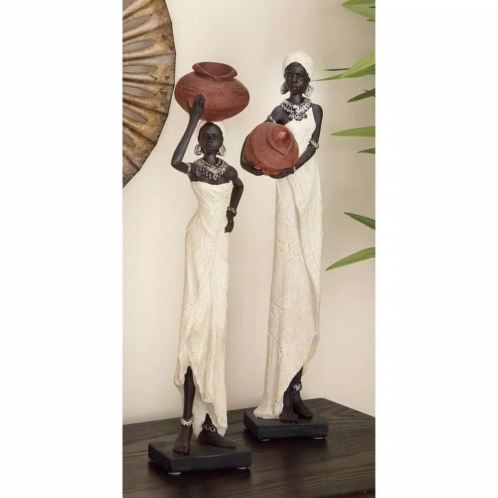 LITTON LANE Traditional African Lady Sculptures with Urns - Ivory Polystone Statues (2-Pack)