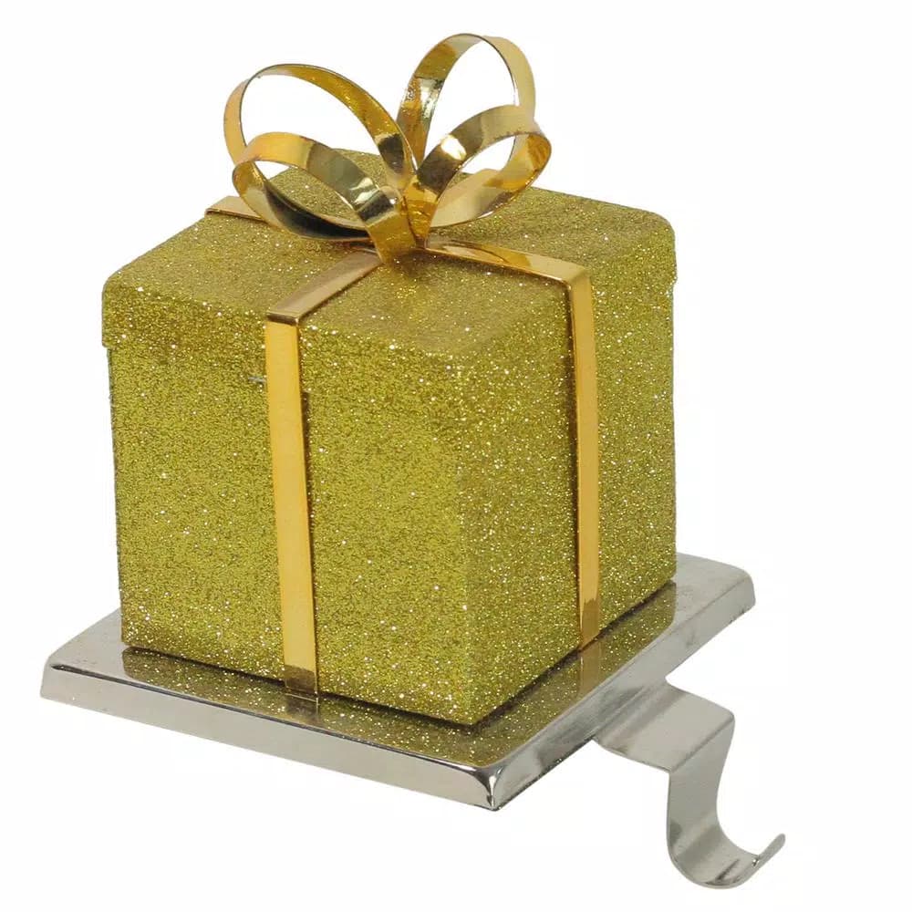 Northlight Winter's Bloom 6 in. Gold Glittered Gift Box Christmas Stocking Holder