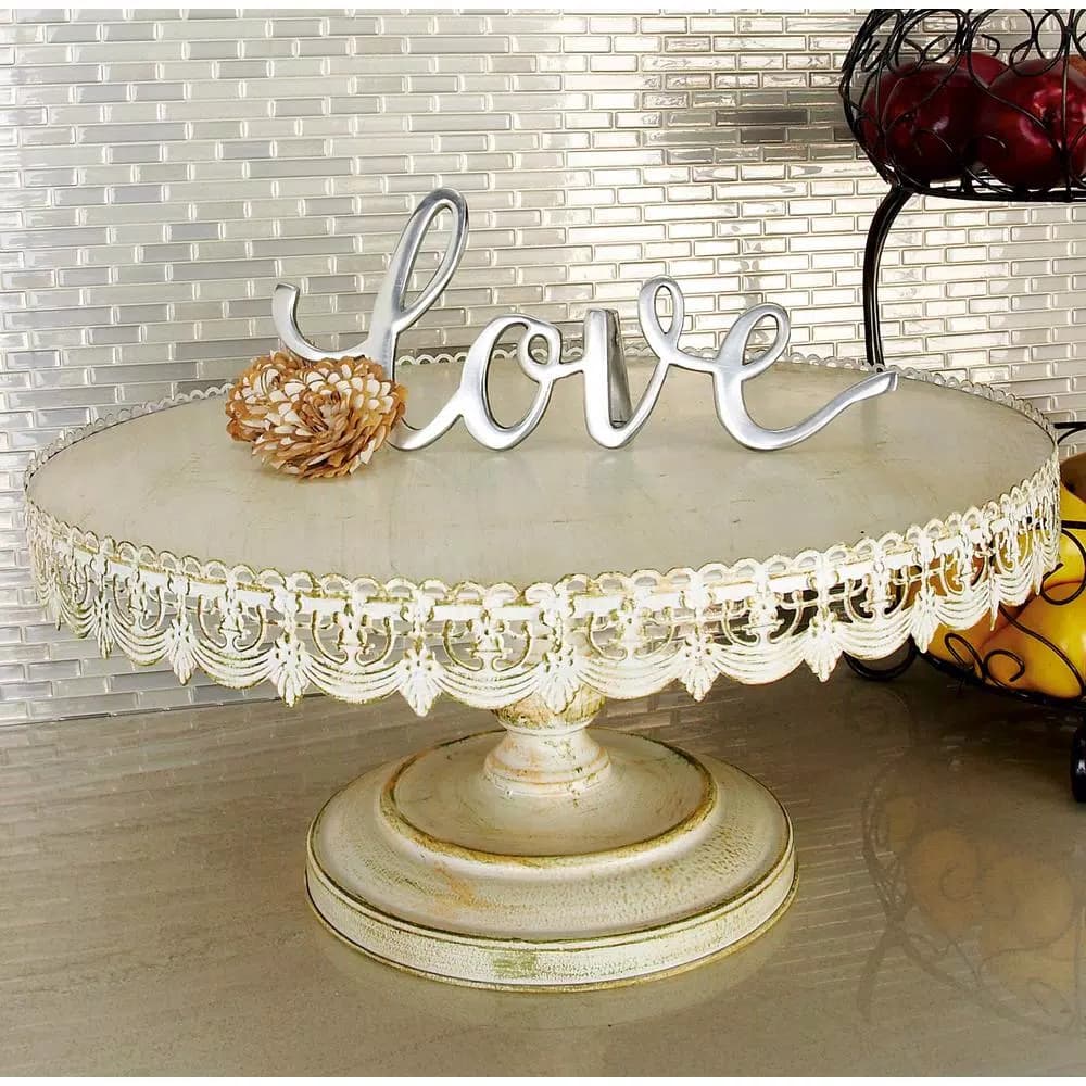 LITTON LANE 22 in. Round Iron Cake Stand with Floral Bunting Overhang, Whitewashed & Rust Brown