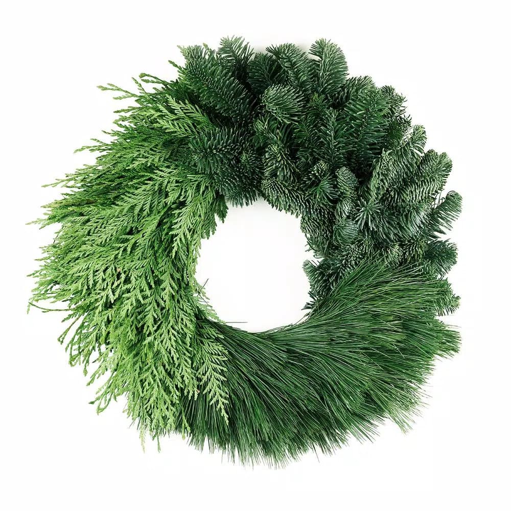 VAN ZYVERDEN 24 in. Live Fresh Cut Pacific Northwest Modern Block Christmas Wreath - Noble Fir, Cedar, and Pine
