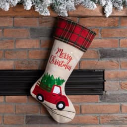 Glitzhome 21 in. Embroidered Linen Christmas Stocking - Red Truck, Tree & Plaid Design thumbnail 8