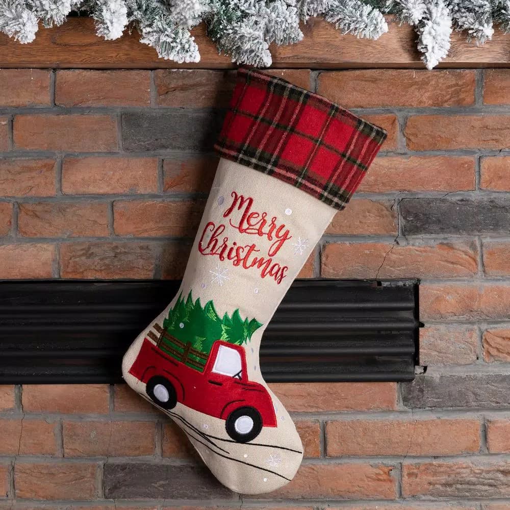 Glitzhome 21 in. Embroidered Linen Christmas Stocking - Red Truck, Tree & Plaid Design