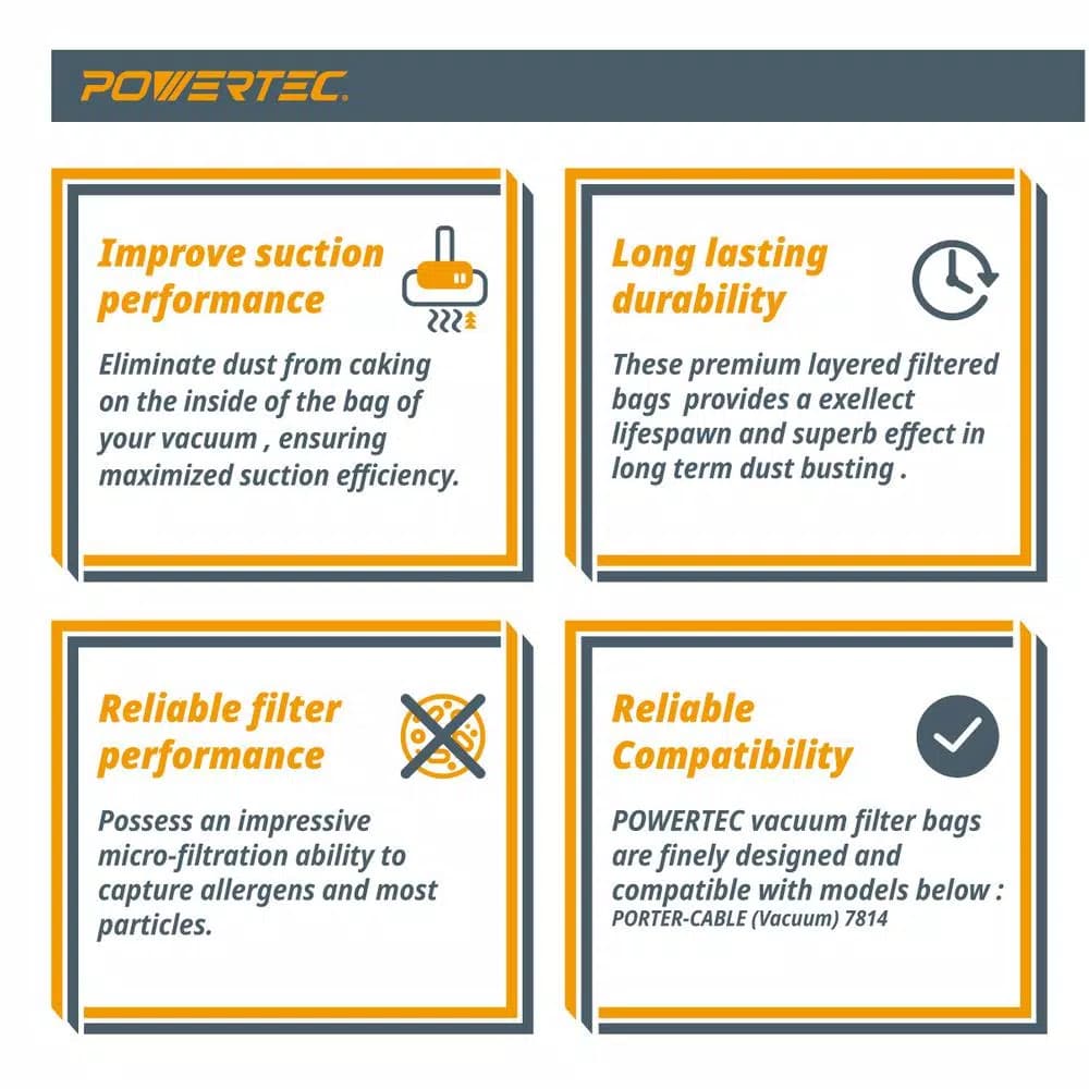 POWERTEC 15 Gal. High Efficiency Replacement Filter Bags for PORTER-CABLE 7814 Vacuum (3-Pack)