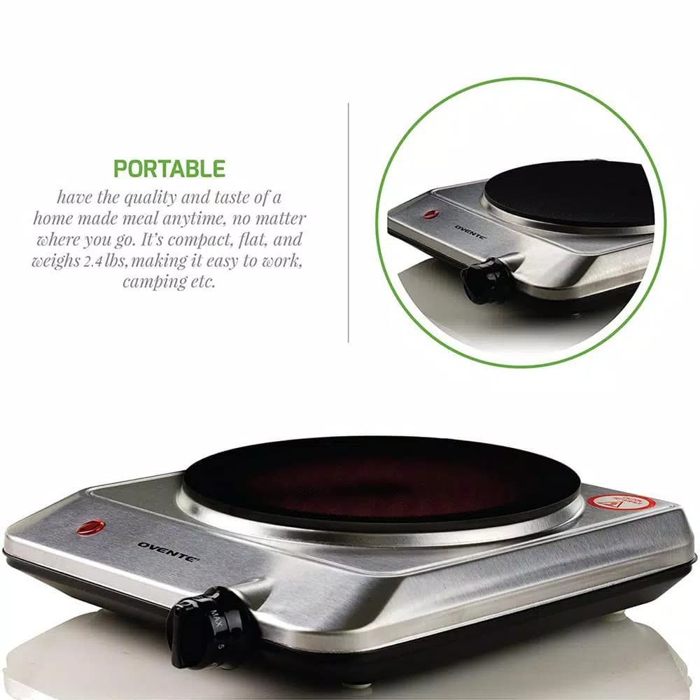 Ovente 1000W Single Hot Plate Electric Infrared Glass Cooktop Burner, 7 in., Silver