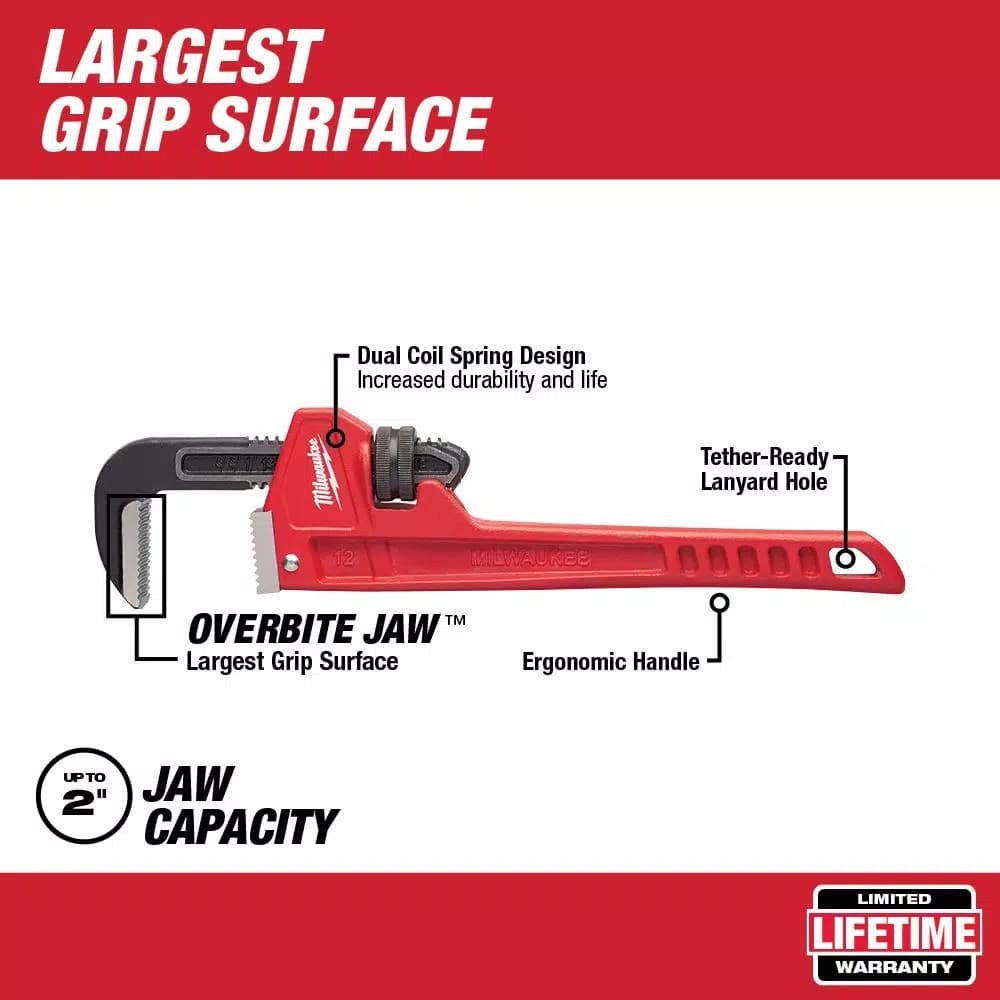 Milwaukee 12 in. Steel Pipe Wrench with Overbite Jaw Design