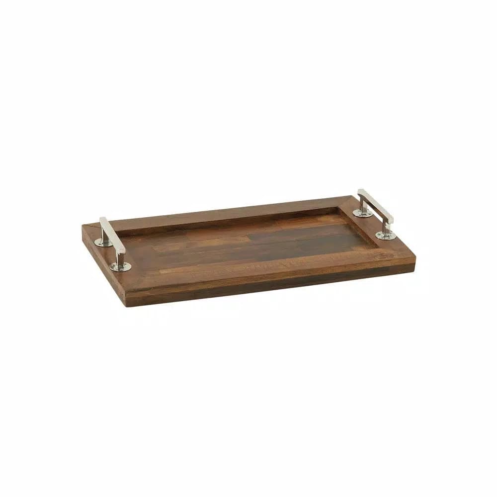 LITTON LANE 22-Inch Mango Wood Rectangular Tray with Stainless Steel Handles - Cherrywood Finish