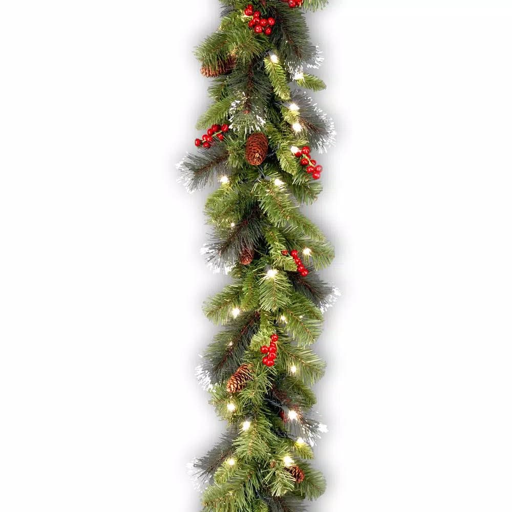Unbranded 9 ft. Crestwood Spruce Artificial Garland with 50 Clear Lights, Red Berries, and Pine Cones