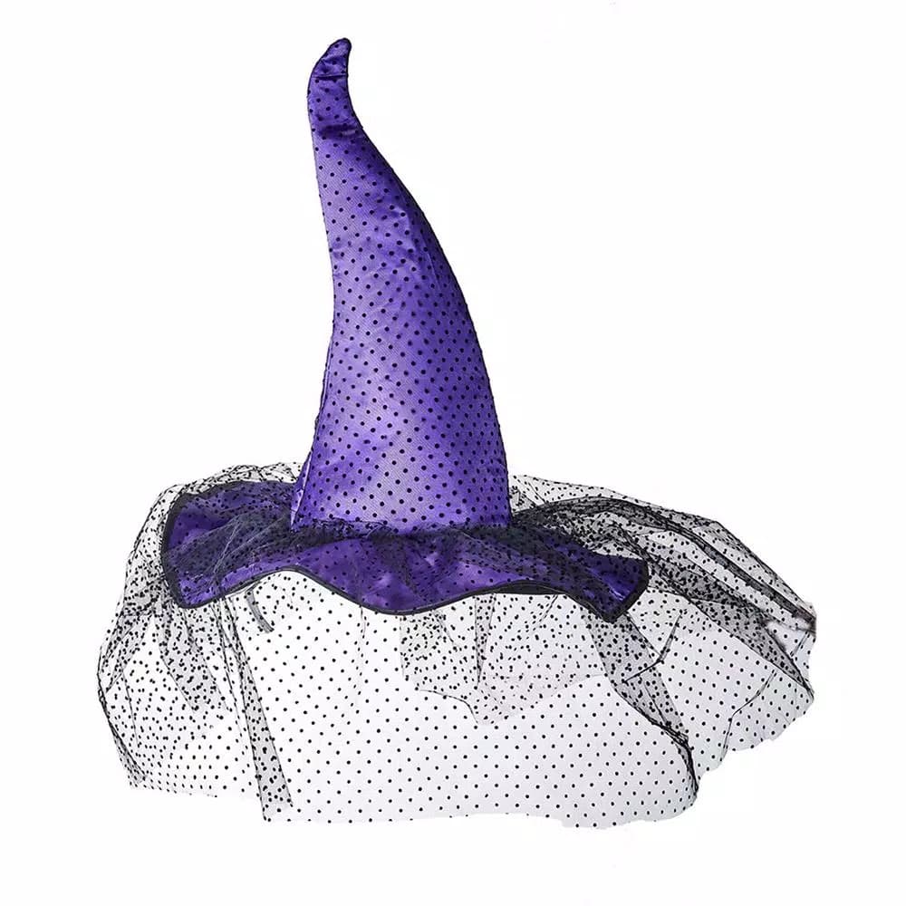 Unbranded 18 in. Purple Witch Hat with Lacy Veil - Halloween Tabletop Decoration