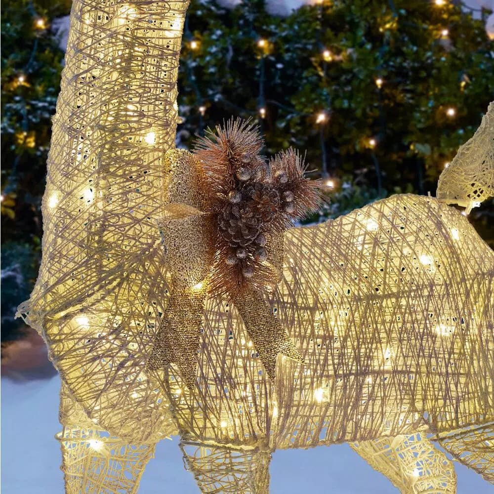 Home Accents Holiday 4 ft LED White Deer with Gold Bow, 80 Warm White Lights, Indoor/Outdoor Yard Decoration