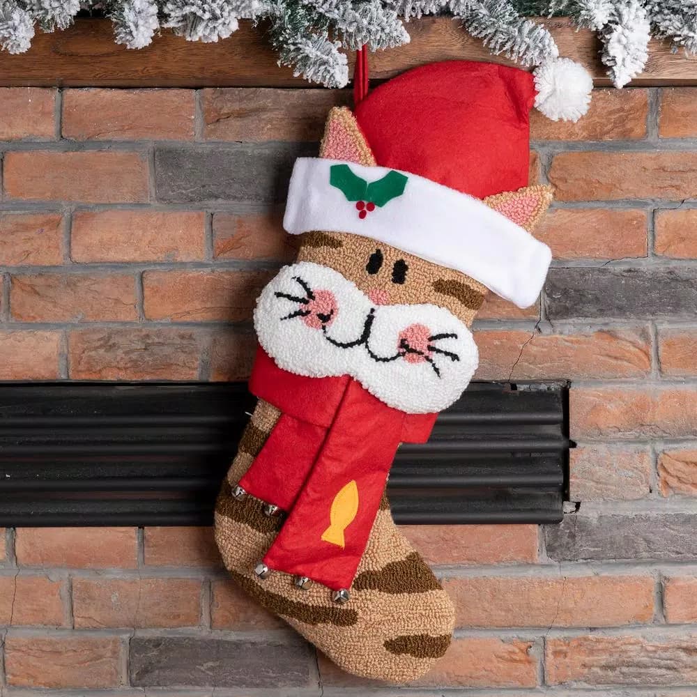 Glitzhome 22 in. 3D Cat Hooked Christmas Stocking - Festive Holiday Decor