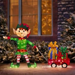 Haute Decor 42 in. Christmas Elf Pulling Wagon with 100 Warm White LED Lights, Outdoor Holiday Sculpture thumbnail 2