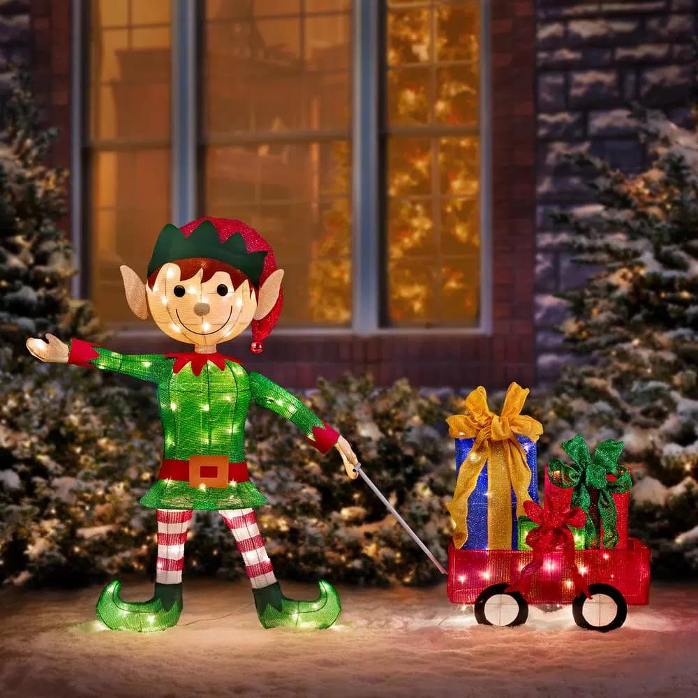 Haute Decor 42 in. Christmas Elf Pulling Wagon with 100 Warm White LED Lights, Outdoor Holiday Sculpture