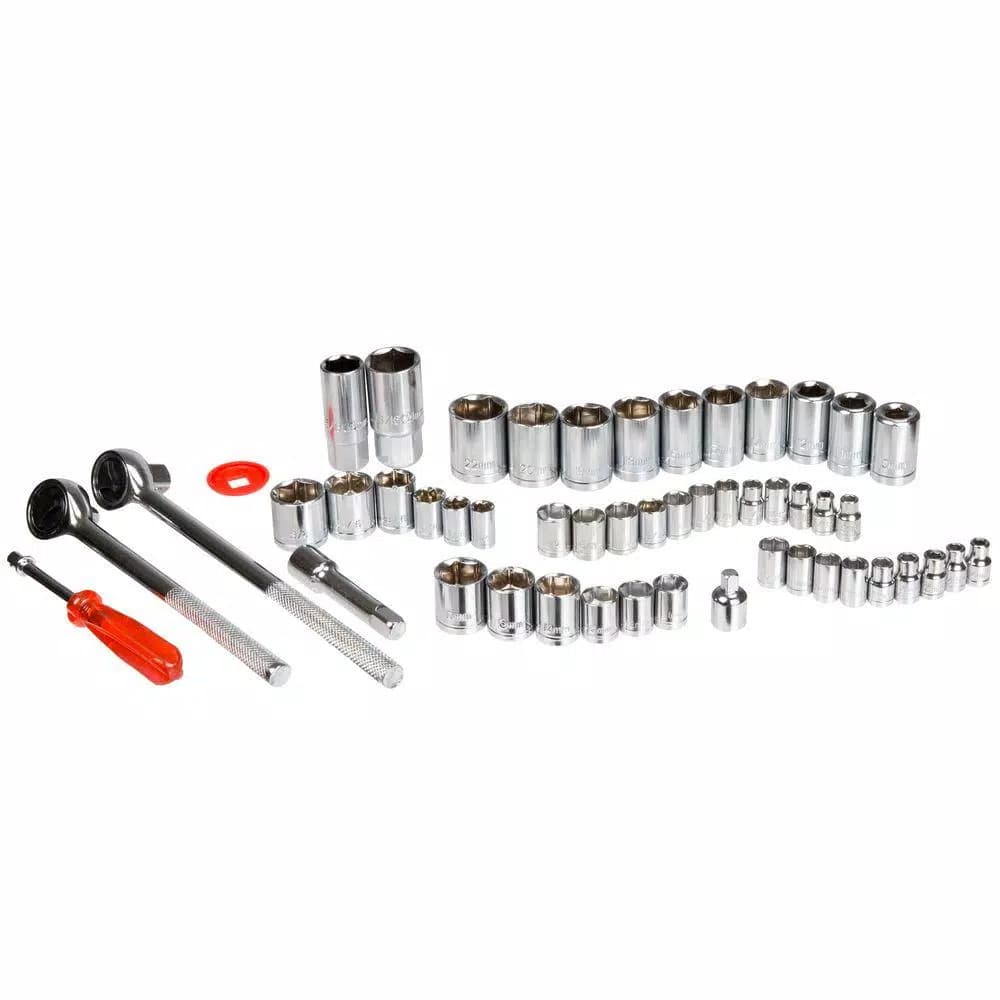 Stalwart 52-Piece SAE and Metric Socket Set with 1/4, 3/8, and 1/2 Drive Ratchets