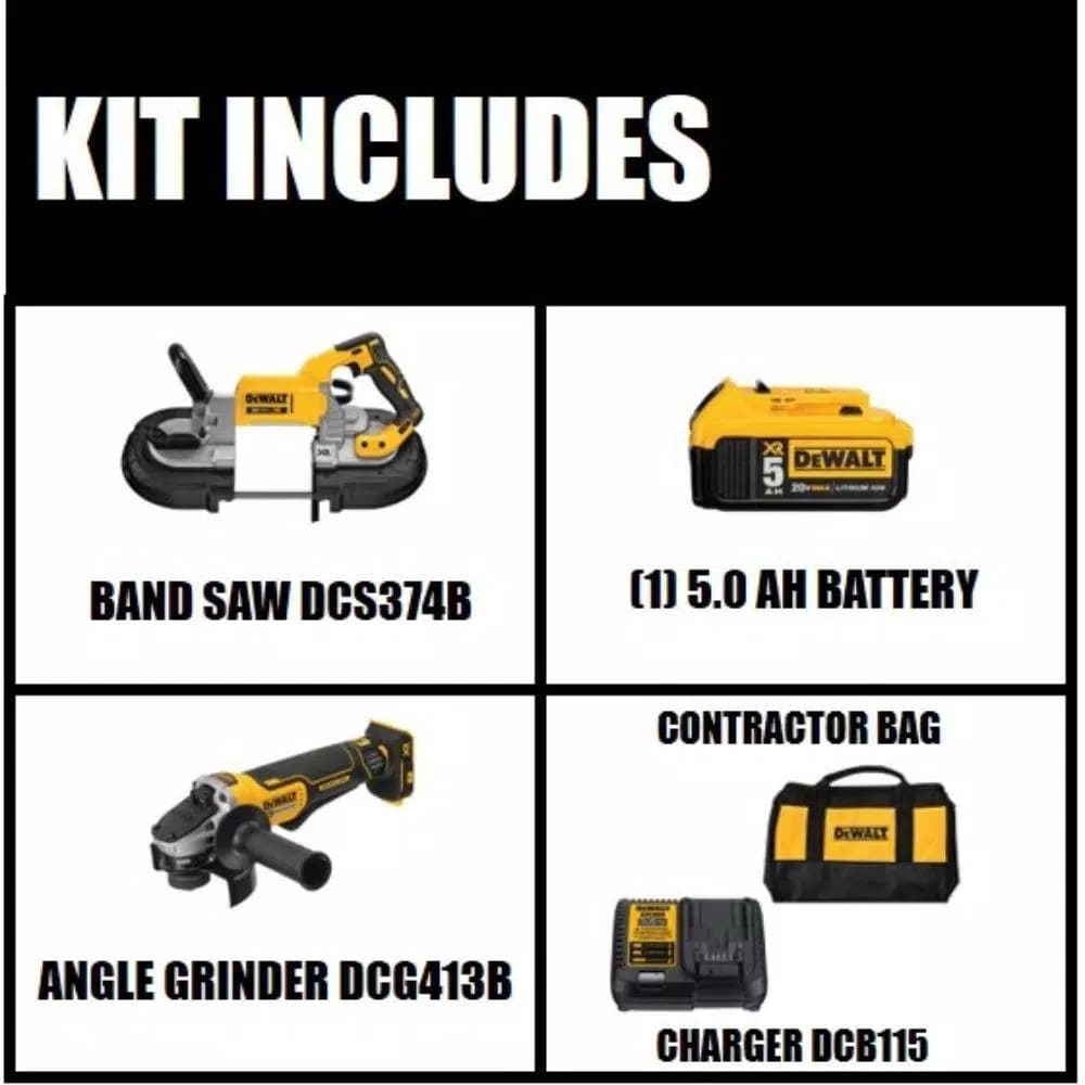 DEWALT 20V MAX XR Cordless Brushless Deep Cut Band Saw & 4-1/2 in. Grinder Kit with 5.0Ah Battery and Charger