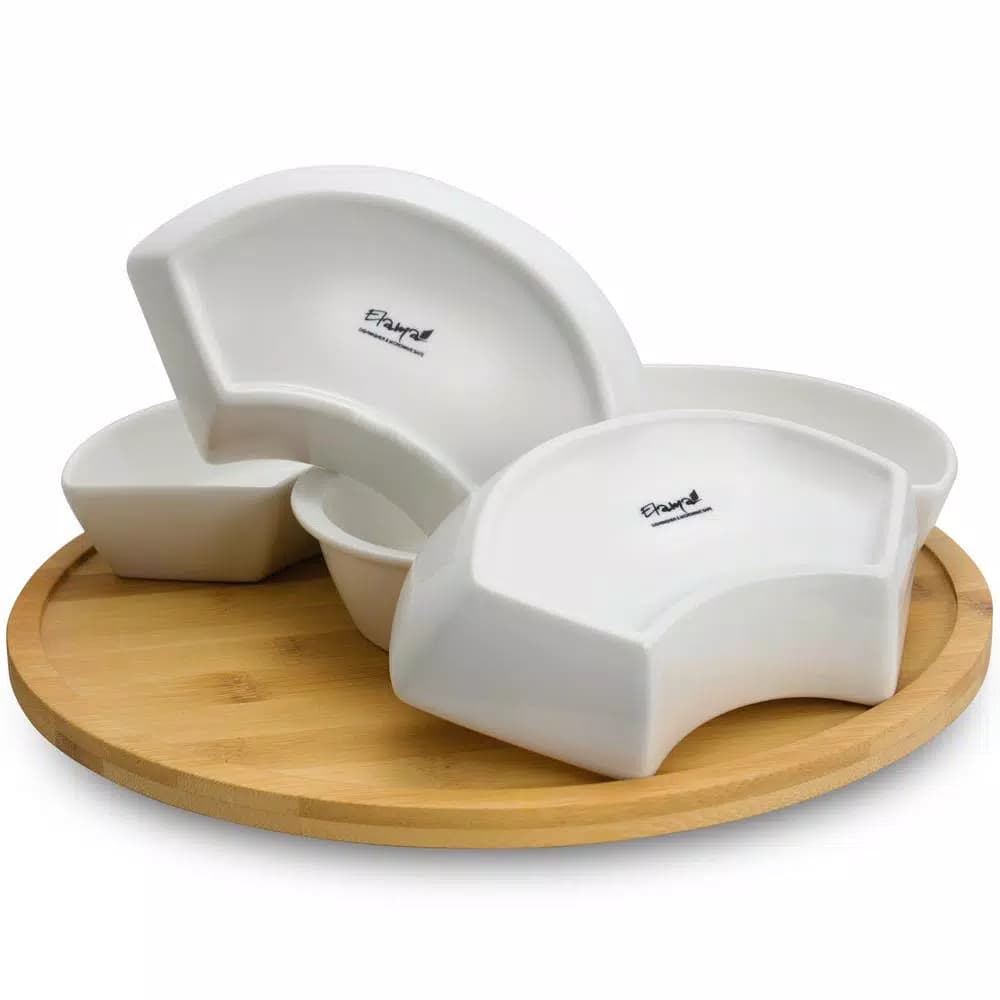 Elama Signature Collection Lazy Susan Appetizer and Condiment Server Set, 6-Piece Stoneware