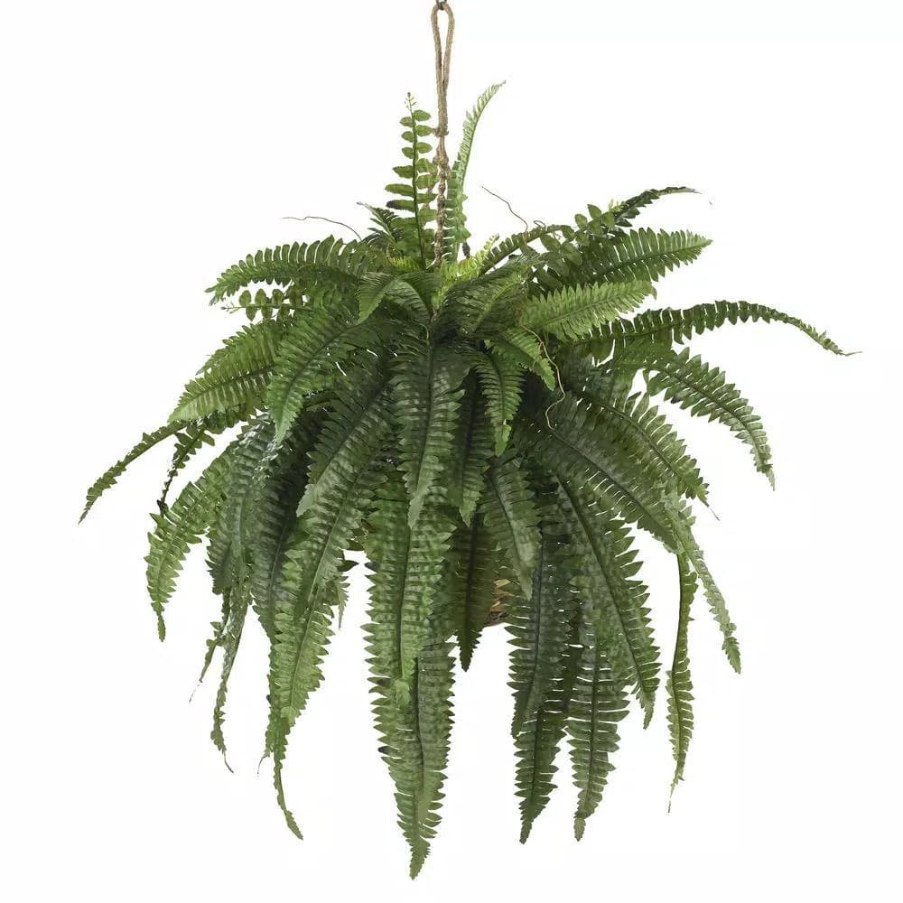 Nearly Natural Large Artificial Boston Fern Hanging Basket - Green Silk Plant in Wicker Pot