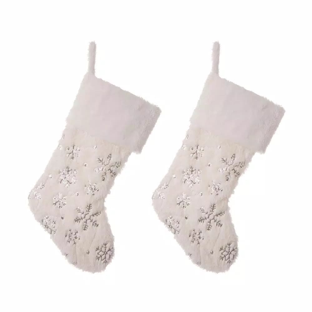 Glitzhome 21 in. White Plush Velvet Christmas Stocking Set with Snowflake Embroidery (2-Pack)