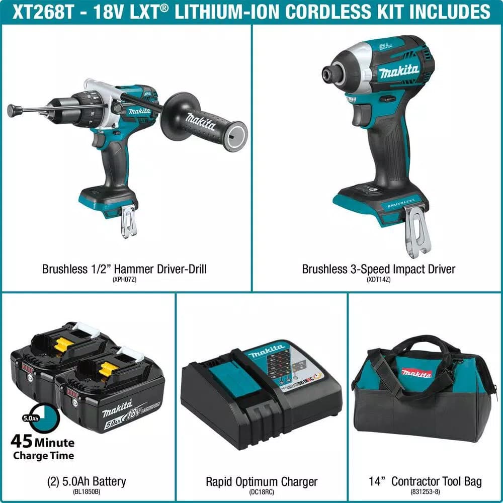 Makita 18V LXT Brushless Cordless 2-Piece Combo Kit (Hammer Drill & Impact Driver) with 5.0Ah Battery & Charger