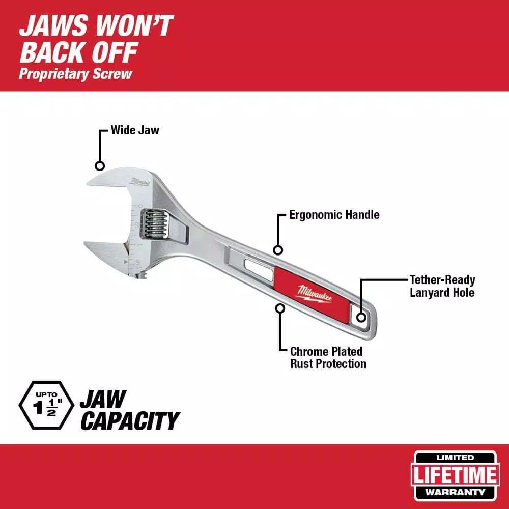 Milwaukee 8 in. Wide Jaw Adjustable Wrench, Chrome-Plated Steel, 48-22-7508
