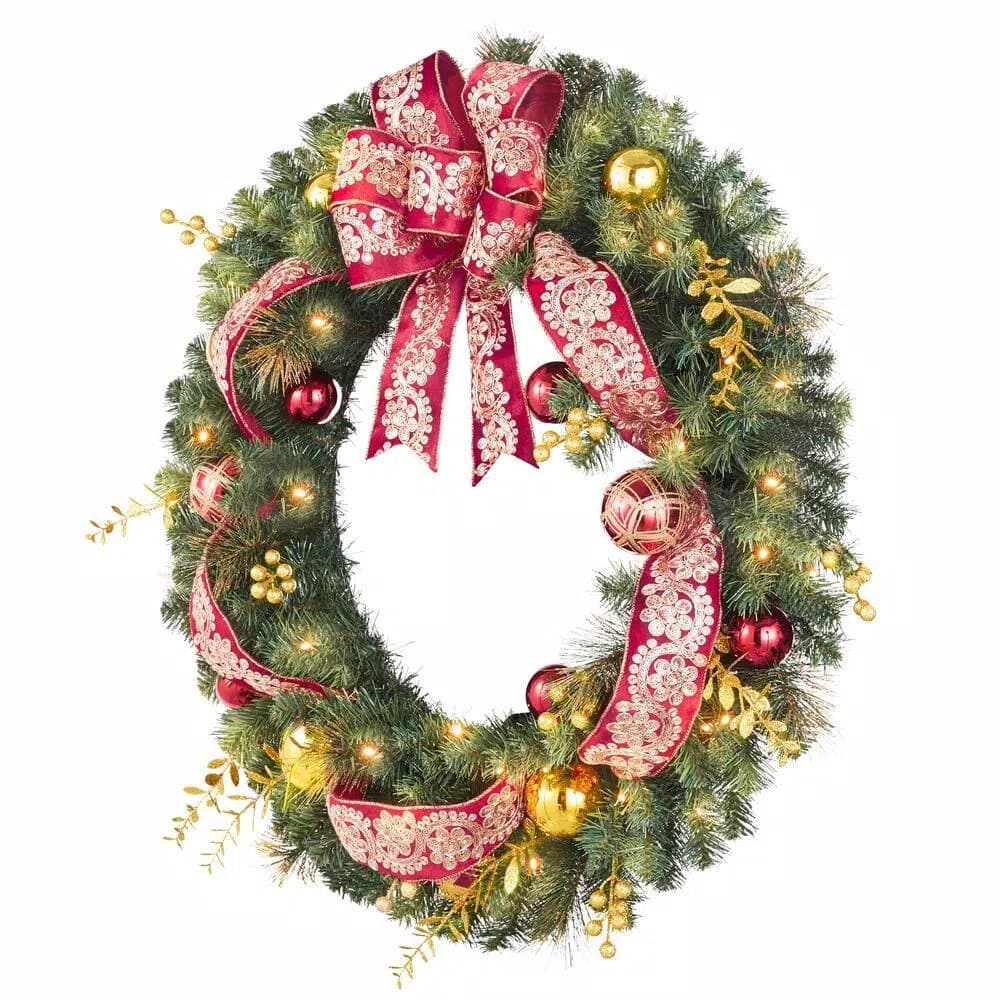 Home Accents Holiday 36 in. Royal Easton Pre-Lit LED Artificial Christmas Wreath with Gold Ornaments and Ribbon