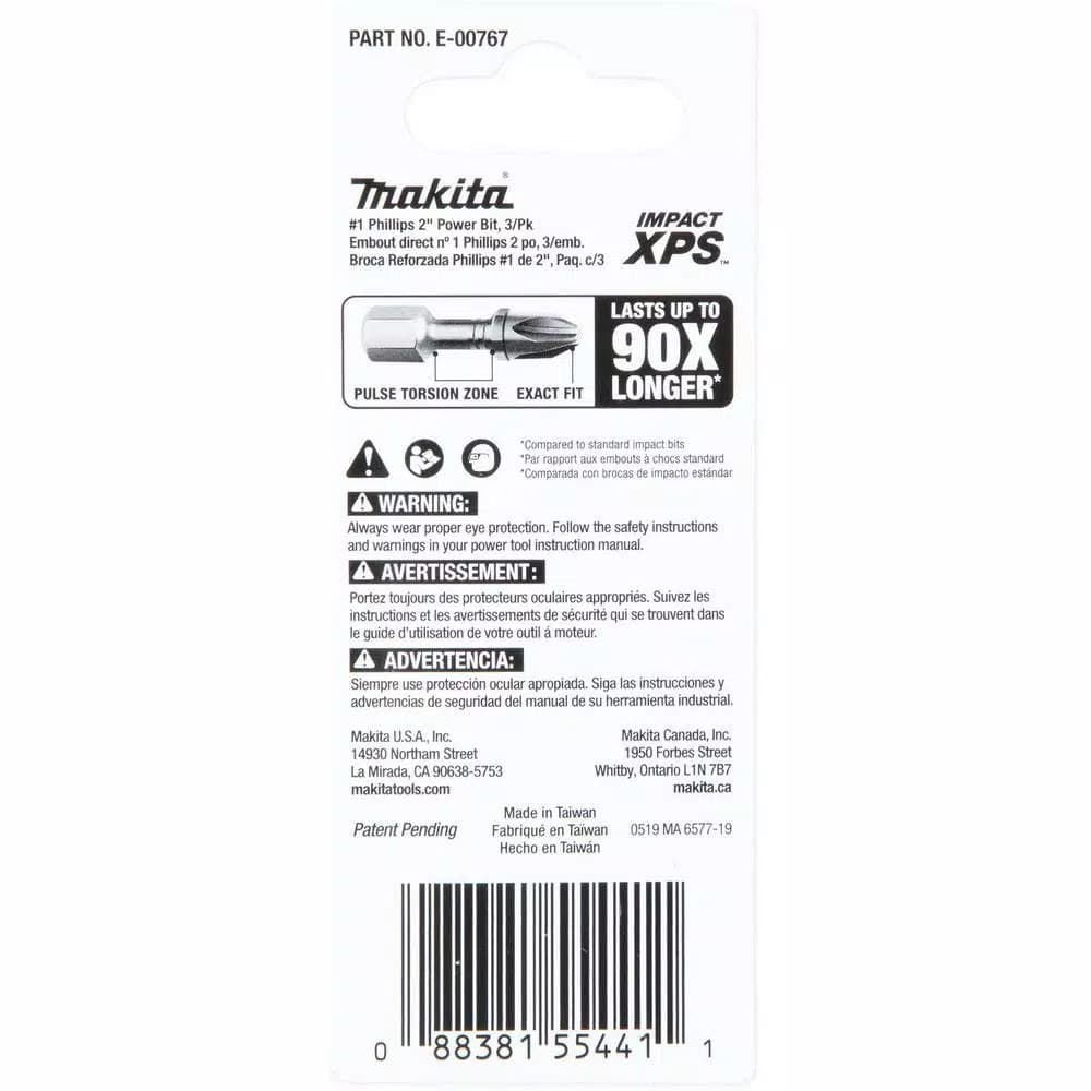 Makita ImpactXPS #1 Phillips 2 in. Power Bits, 3-Pack