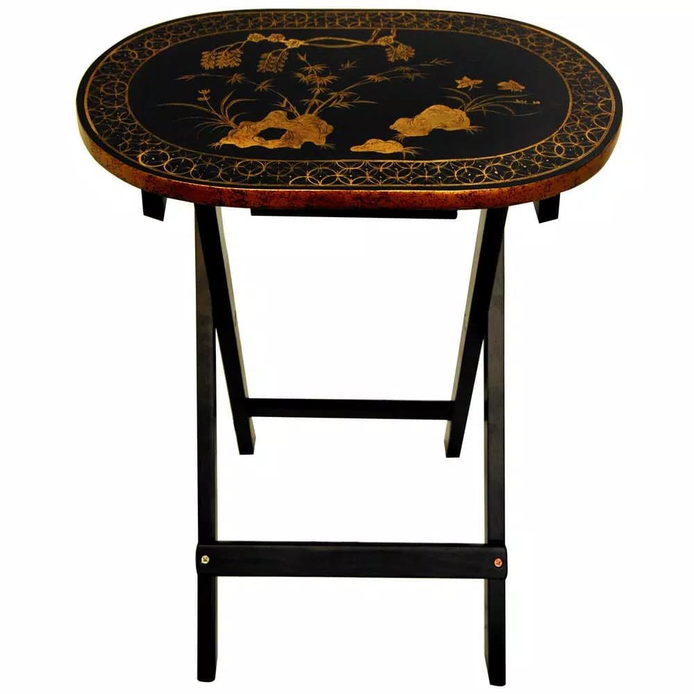 Oriental Furniture 4-Pack Rosewood Folding TV Trays with Antique Gold Bamboo & Butterfly Motif