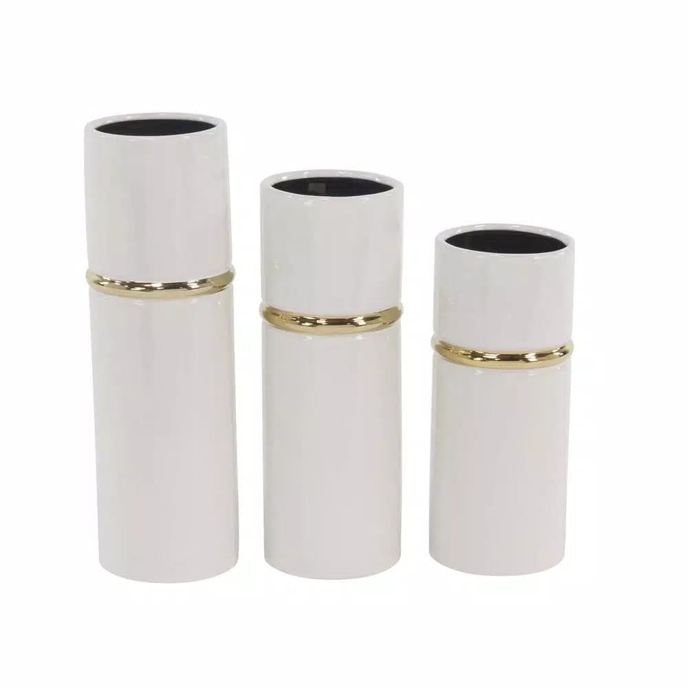 LITTON LANE White Ceramic Decorative Vase Set of 3 with Gold Lining Detail, Modern Cylinder Design