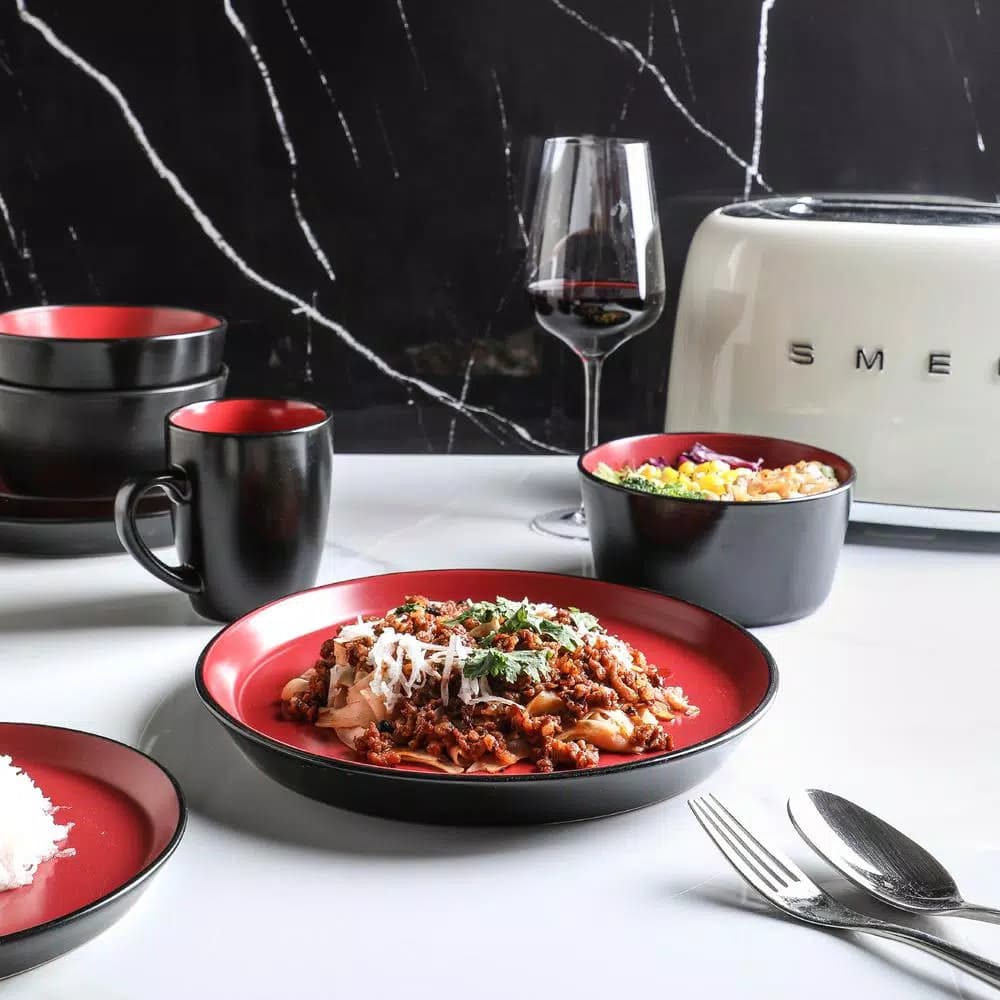 STONE LAIN 16-Piece Red and Black Stoneware Dinnerware Set, Service for 4