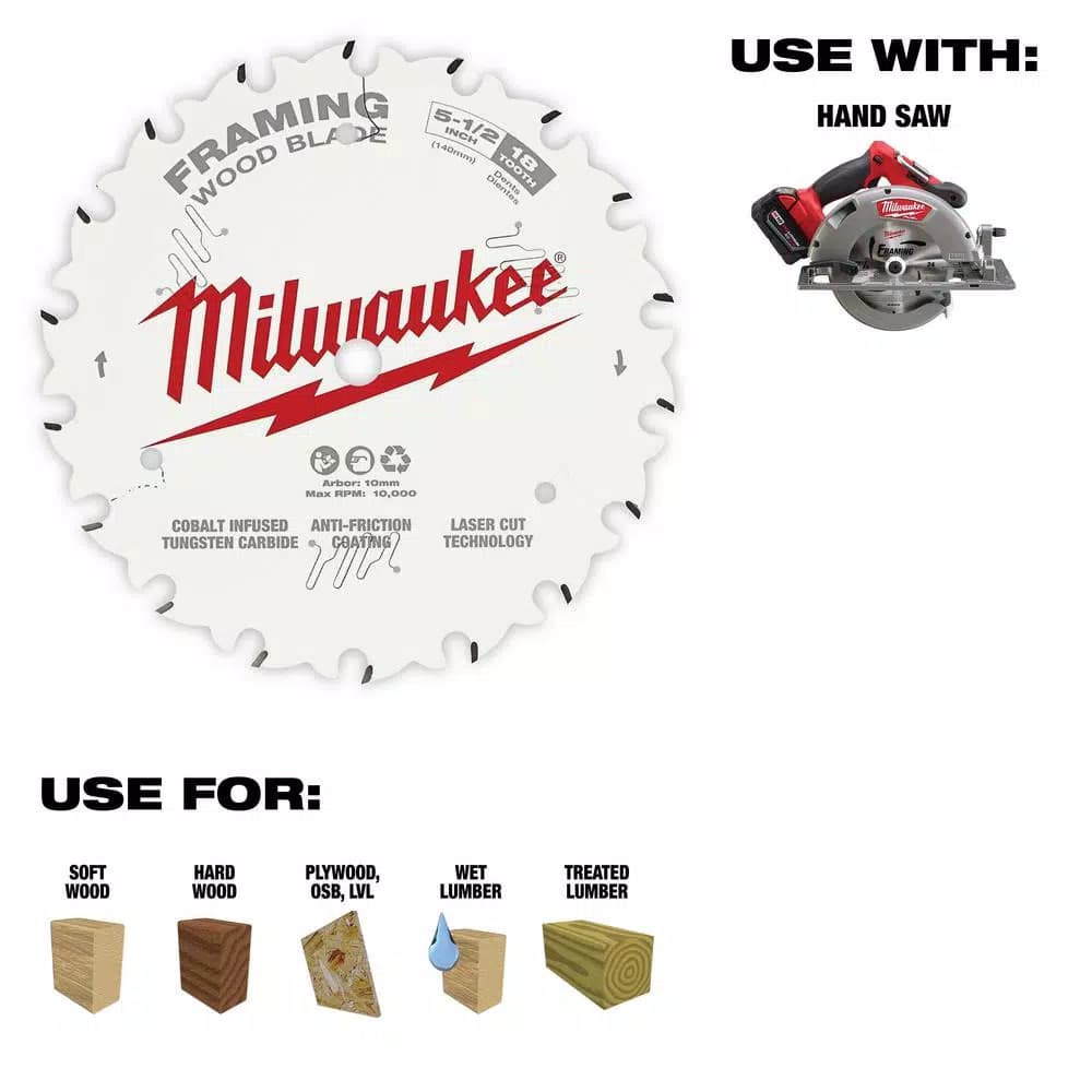 Milwaukee 5-1/2 in. 18-Tooth Framing Circular Saw Blade, 10 mm Arbor