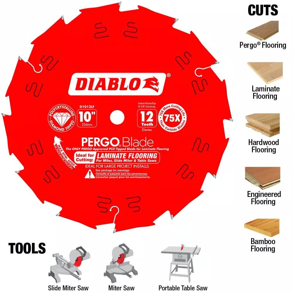 Diablo 10 in. x 12-Tooth Polycrystalline Diamond (PCD) Tipped Ultimate Flooring Saw Blade
