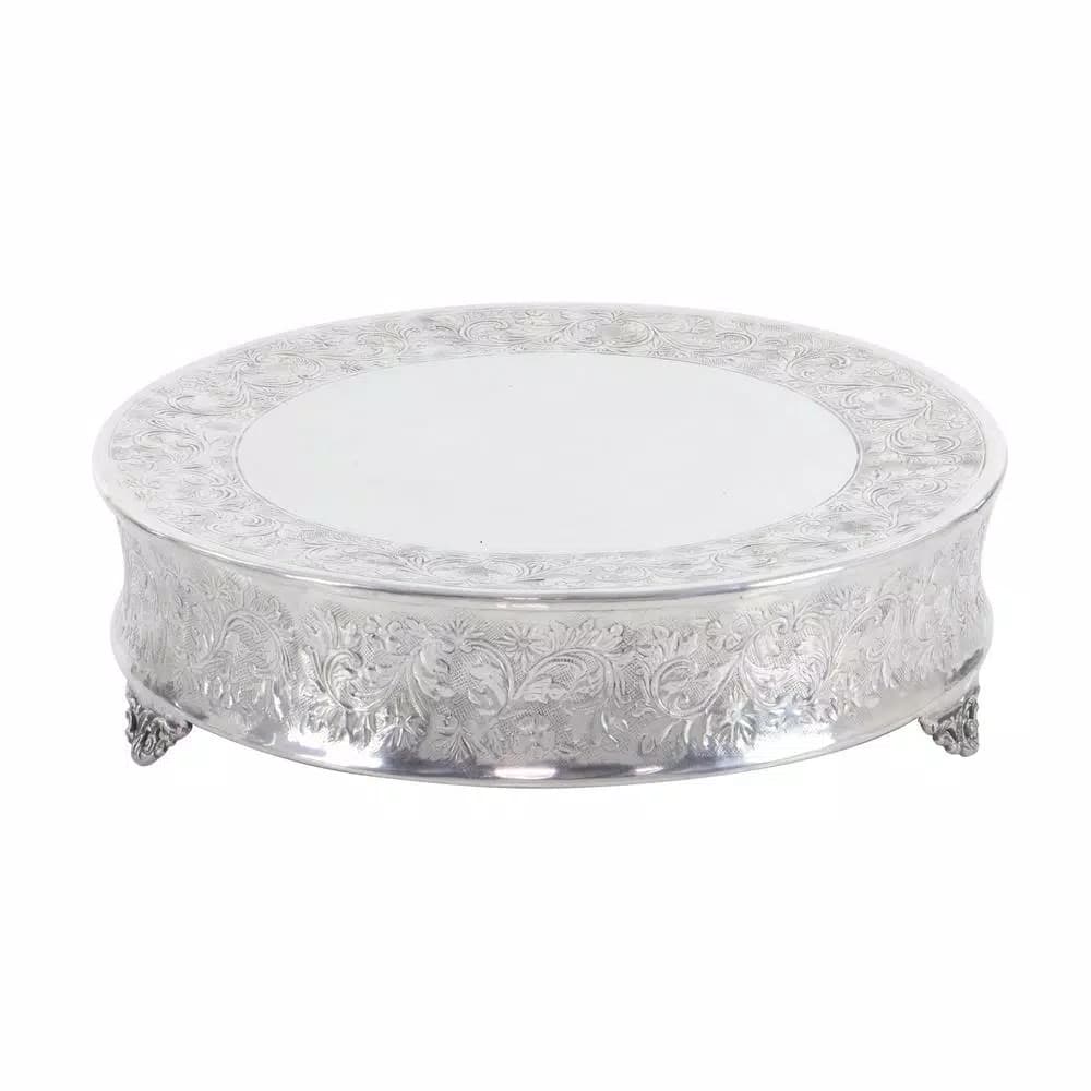 LITTON LANE Silver Aluminum Round Cake Stand Set of 4 with Floral Vine Design