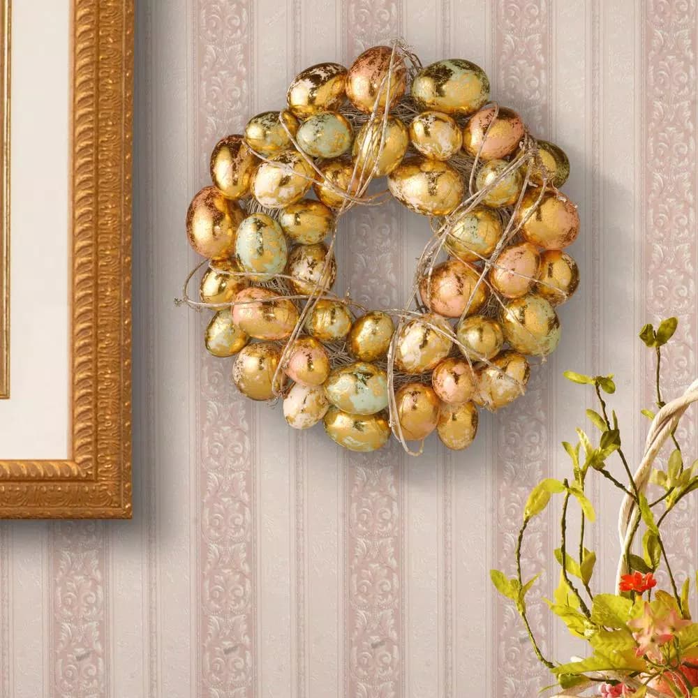 Unbranded 12 in. Gold and Pearl Egg Wreath with Woven Branch and Vine Accents