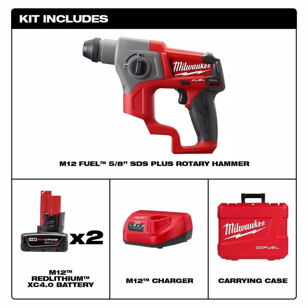 Milwaukee M12 FUEL 12V SDS-Plus Brushless Cordless Rotary Hammer Kit with (2) 4.0 Ah Batteries & Case
