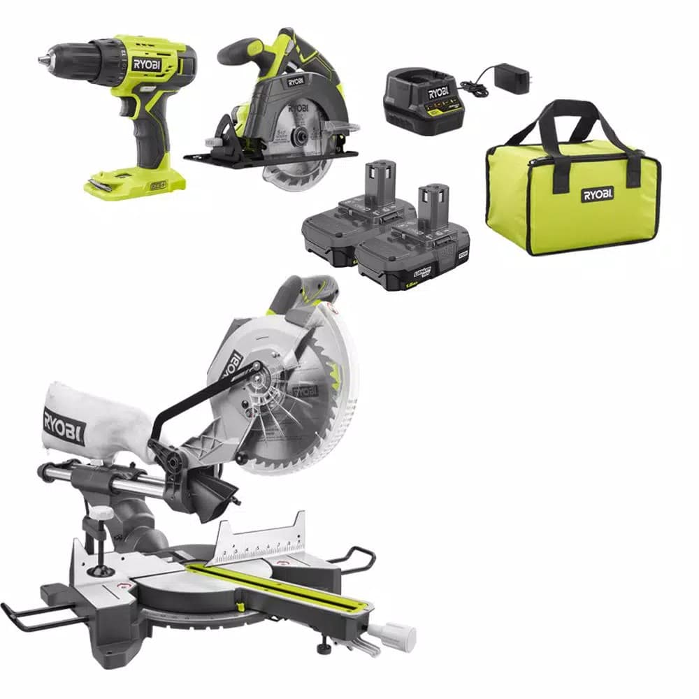RYOBI 10 in. Sliding Compound Miter Saw, 18V Drill/Driver, and Circular Saw Combo Kit
