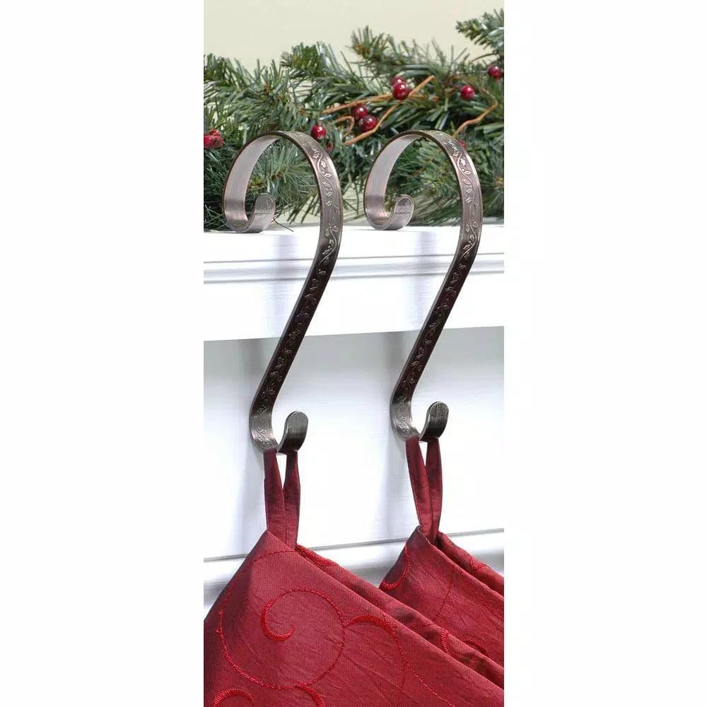 Haute Decor Stocking Scrolls Bronze Embossed Holly Stocking Holders, 2-Pack