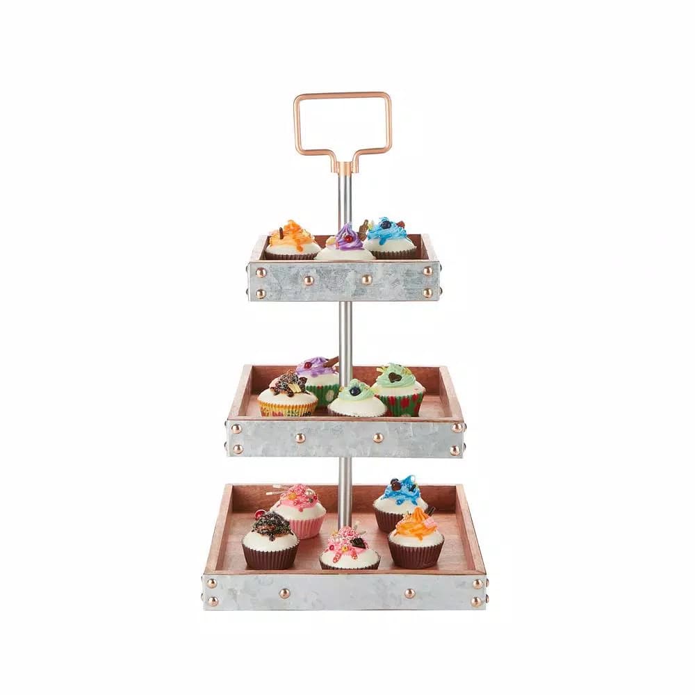 Mind Reader Products 3-Tier Silver Cake Stand, Galvanized Steel & Wood Dessert Display with Handle