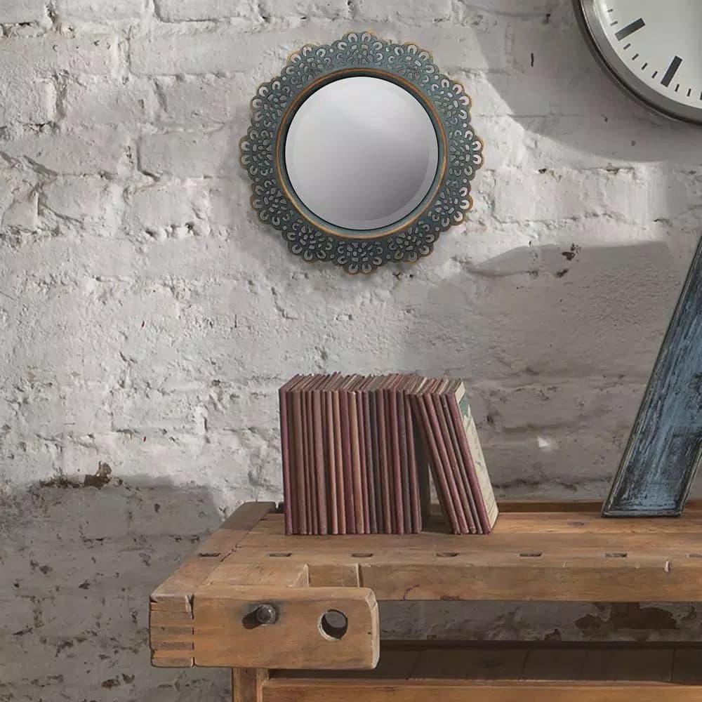 Stonebriar Collection Stonebriar Small Round Turquoise Metal Lace Accent Mirror with Brass Highlights, 12.5 in.