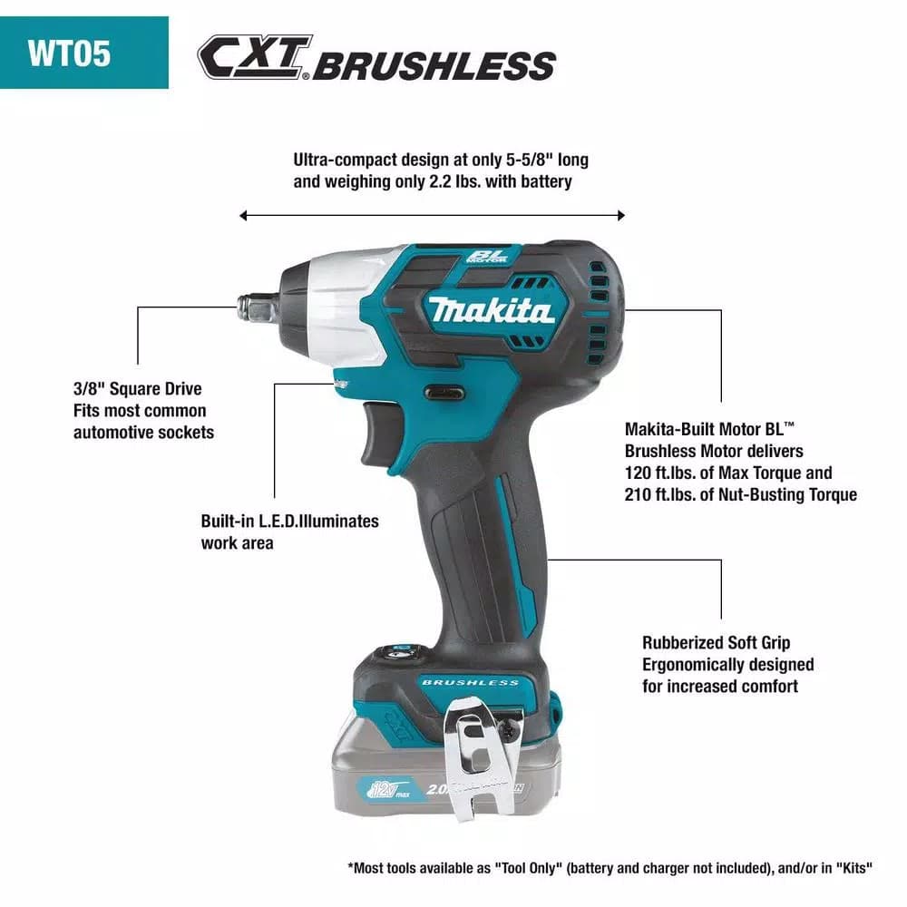 Makita 12V Max CXT Brushless 3/8 in. Square Drive Impact Wrench Kit (2.0 Ah)