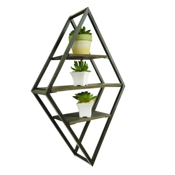 Admired By Nature 3-Tier Metal Diamond Shaped Wall Mounted Display Shelf, Matte Black